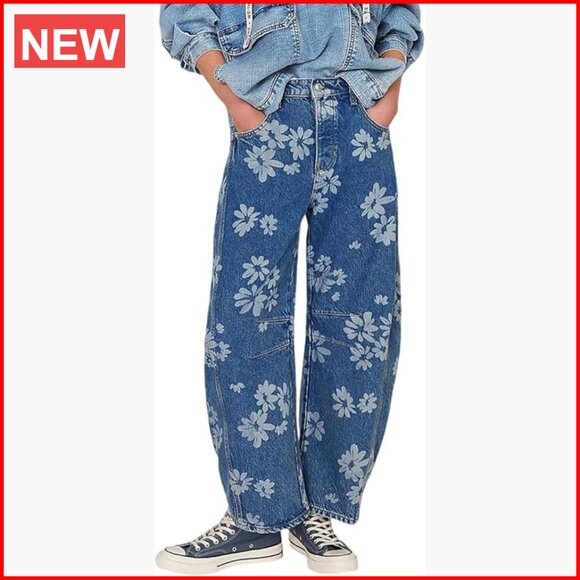 Denim - Mid Rise Baggy Barrel Jeans Floral Printed Wide Leg Denim Ankle Pants